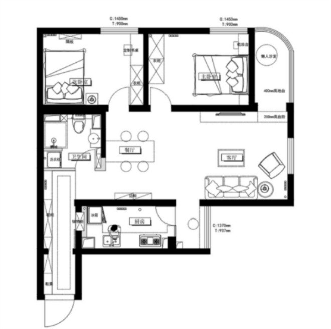 96平米二居室北京东方太阳城现代简约风格装修效果图